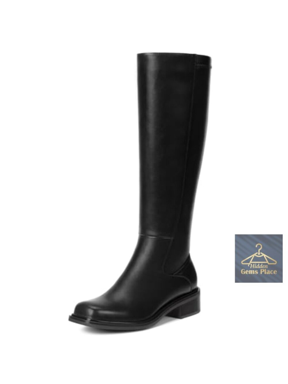 Knee High Boots Women Low Heel Square Toe Side Zipper Faux Leather Block Heel